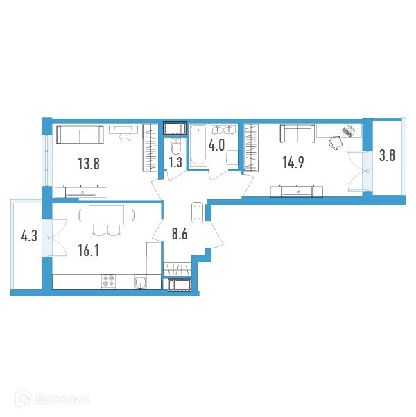 Продаётся 2-комнатная квартира, 62.8 м²