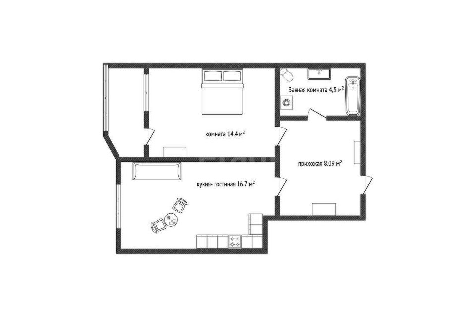 Продаётся 1-комнатная квартира, 43.7 м²