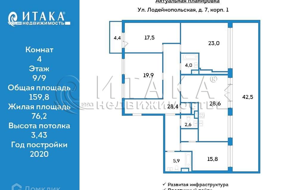 Продаётся 4-комнатная квартира, 159.8 м²