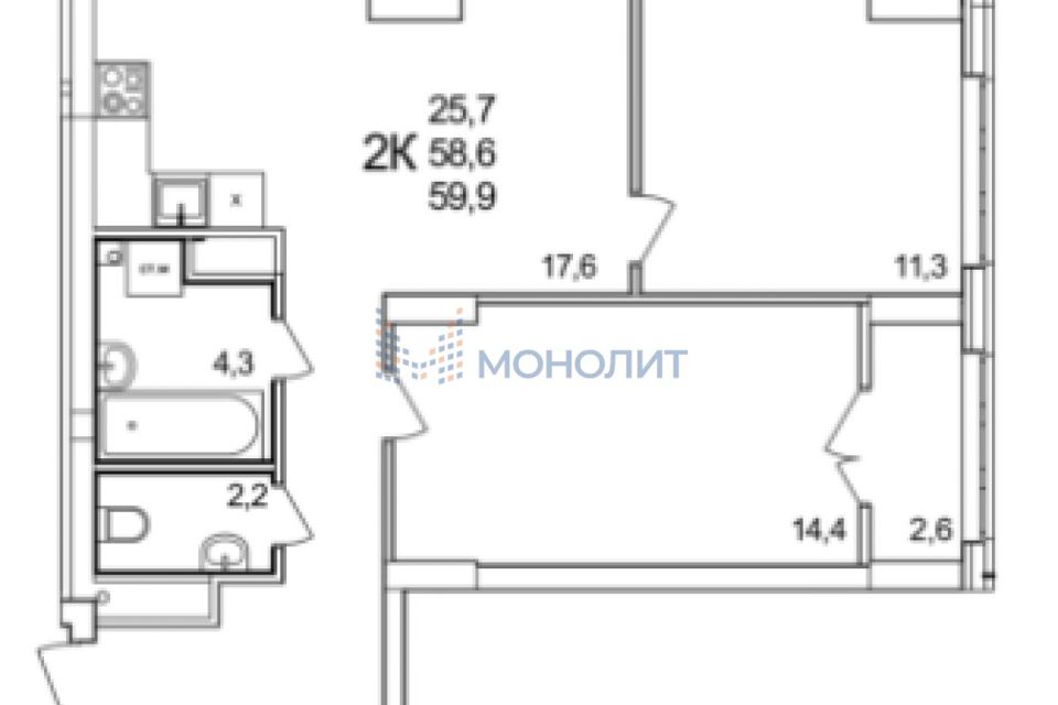 Продаётся 2-комнатная квартира, 59.9 м²