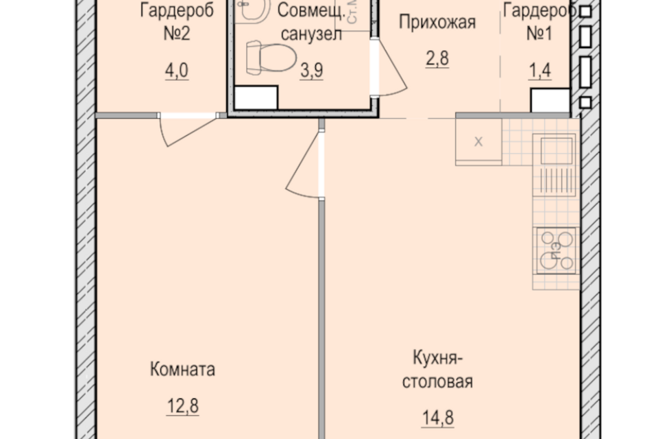 Продаётся 1-комнатная квартира, 39.7 м²