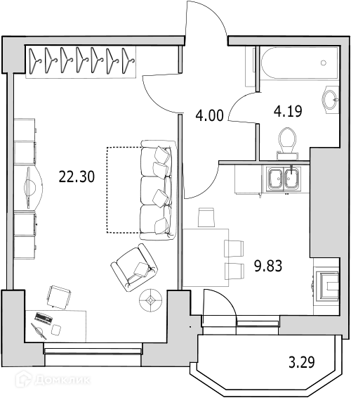 Продаётся 1-комнатная квартира, 43.3 м²