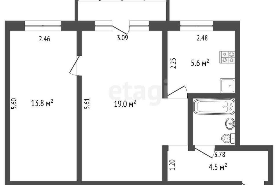 Продаётся 2-комнатная квартира, 45.8 м²