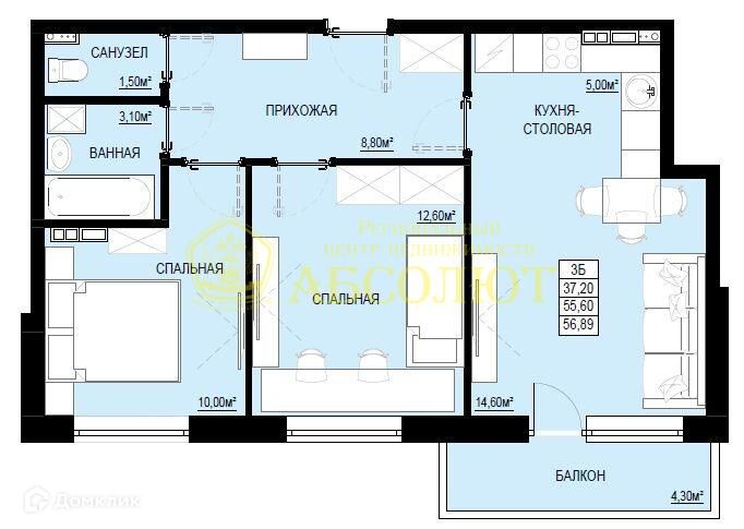 Продаётся 2-комнатная квартира, 57.19 м²