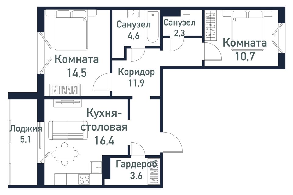 Продаётся 2-комнатная квартира, 64.6 м²