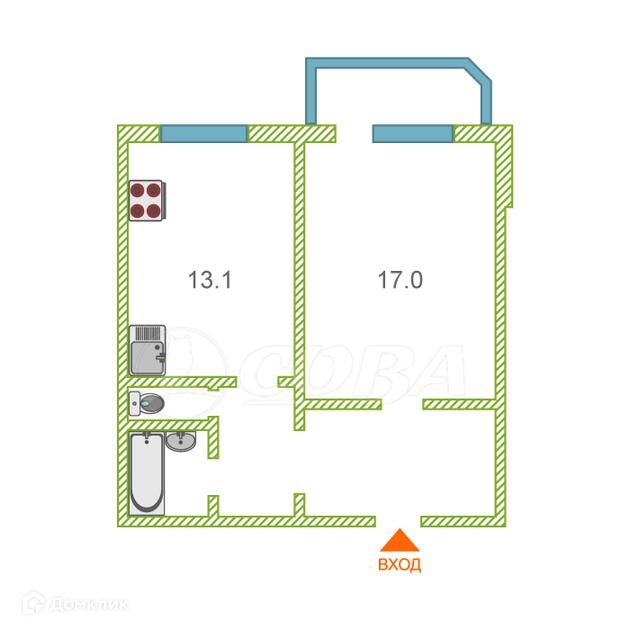 Продаётся 1-комнатная квартира, 44.9 м²
