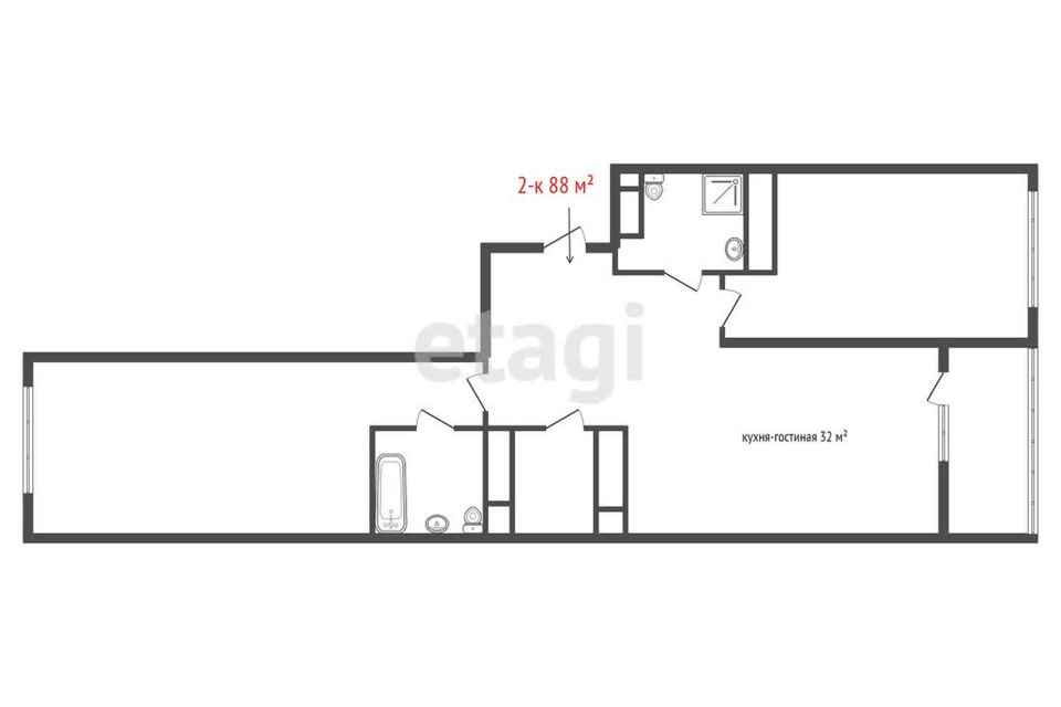 Продаётся 2-комнатная квартира, 88 м²