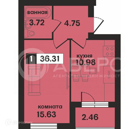 Продаётся 1-комнатная квартира, 36.3 м²