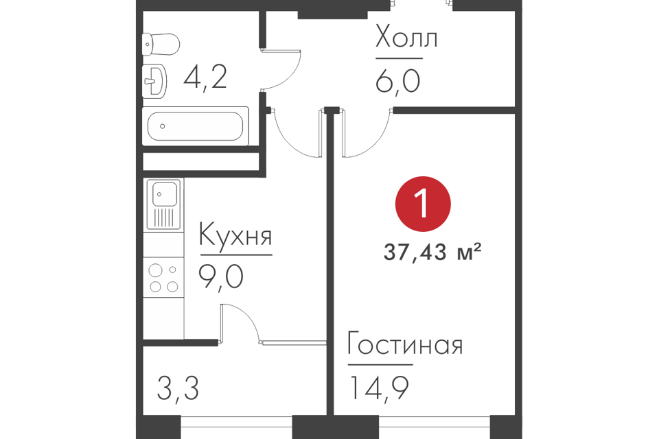 Продаётся 1-комнатная квартира, 37.1 м²