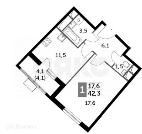 Продаётся 1-комнатная квартира, 42.3 м²