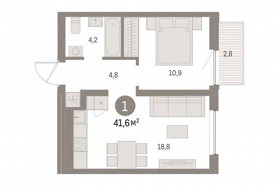 Продаётся 1-комнатная квартира, 41.6 м²