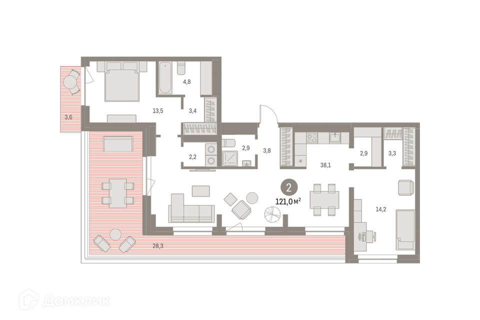 Продаётся 2-комнатная квартира, 121.02 м²