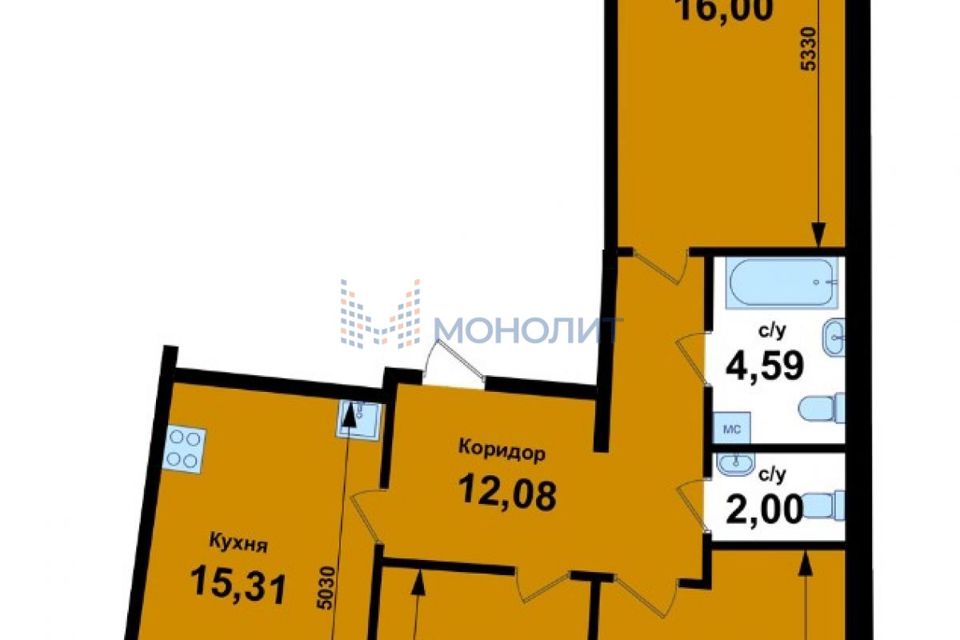 Продаётся 3-комнатная квартира, 77.97 м²