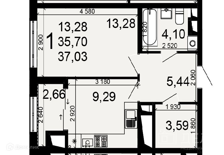 Продаётся 1-комнатная квартира, 37.03 м²
