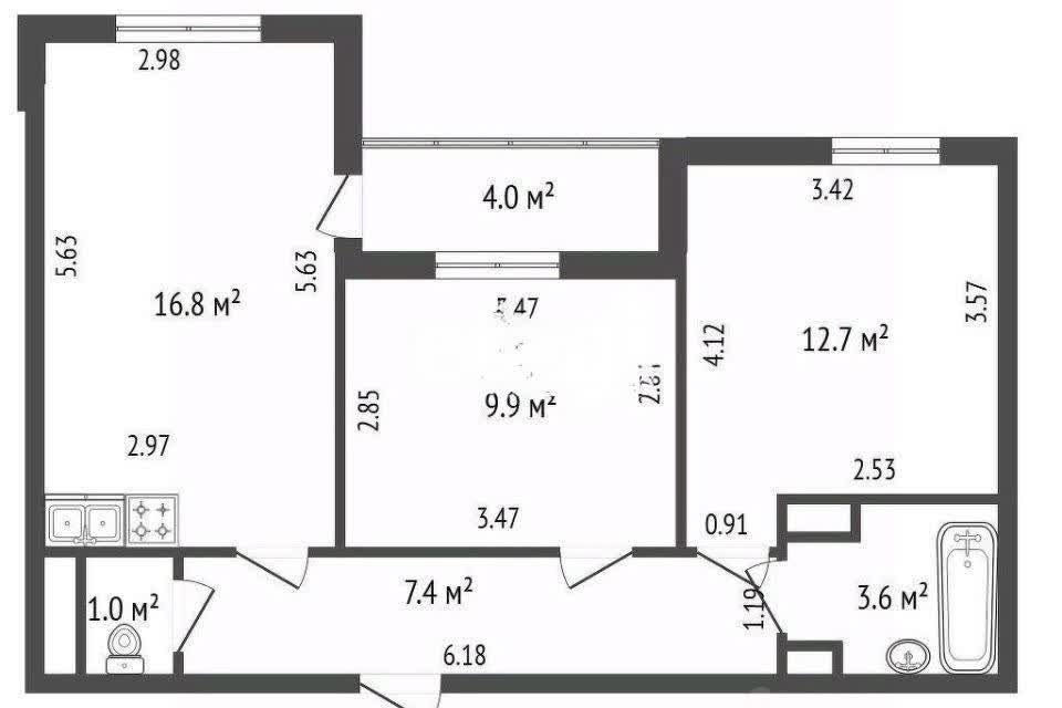 Продаётся 2-комнатная квартира, 51.4 м²