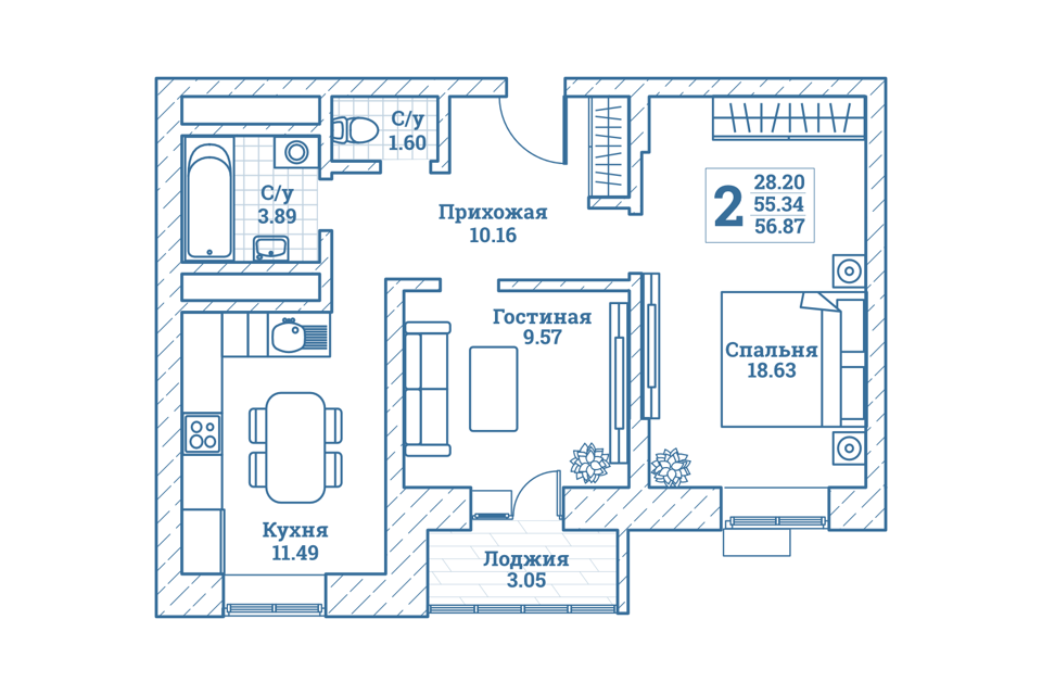 Продаётся 2-комнатная квартира, 57.1 м²