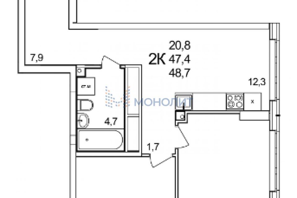 Продаётся 2-комнатная квартира, 48.7 м²