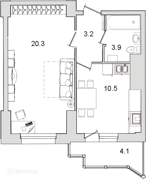Продаётся 1-комнатная квартира, 42.3 м²