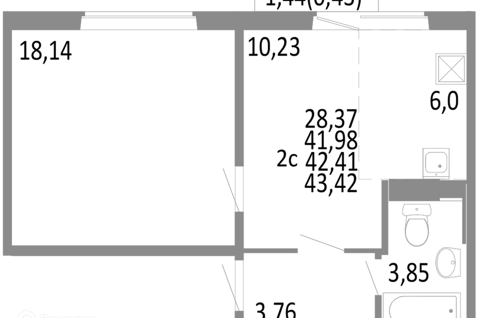 Продаётся 2-комнатная квартира, 42.41 м²