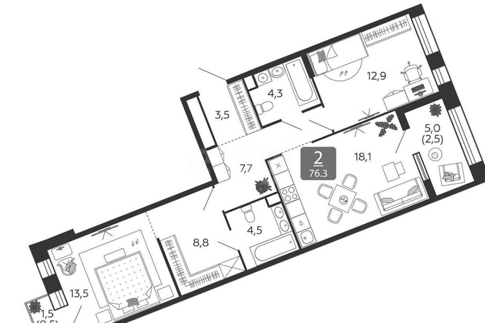 Продаётся 2-комнатная квартира, 78.3 м²