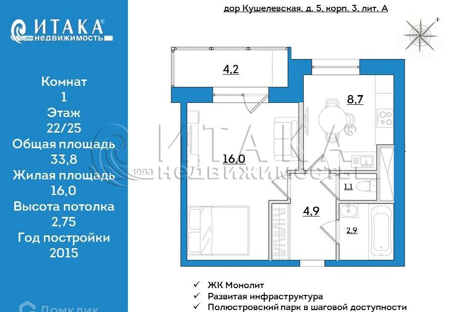 Продаётся 1-комнатная квартира, 33.8 м²