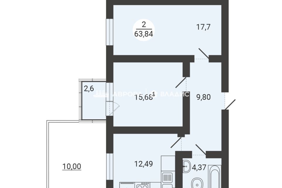 Продаётся 2-комнатная квартира, 63.84 м²