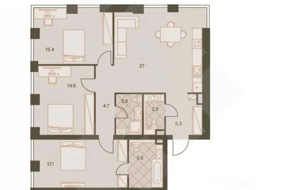 Продаётся 4-комнатная квартира, 96.3 м²