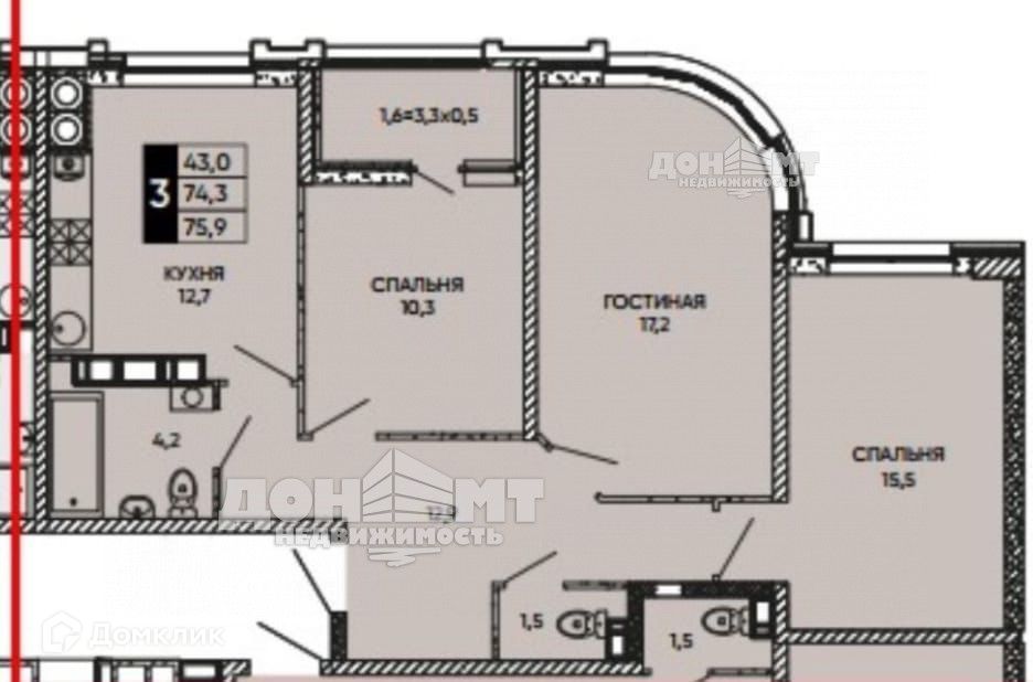 Продаётся 3-комнатная квартира, 74.7 м²