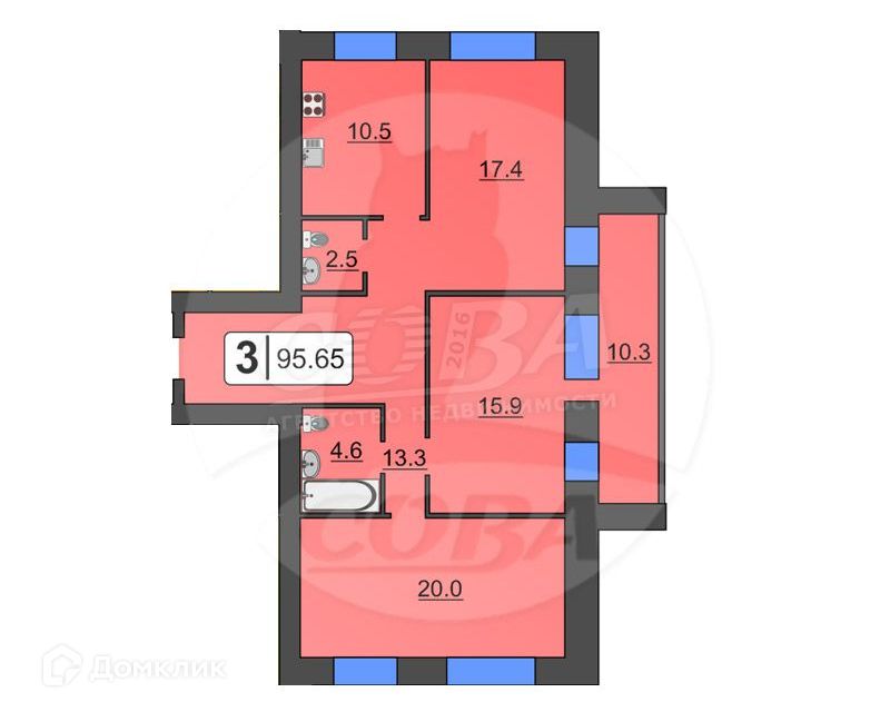Продаётся 3-комнатная квартира, 95.5 м²