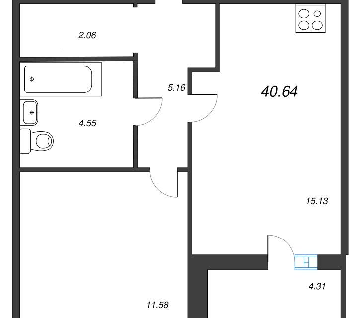 Продаётся 1-комнатная квартира, 42.79 м²