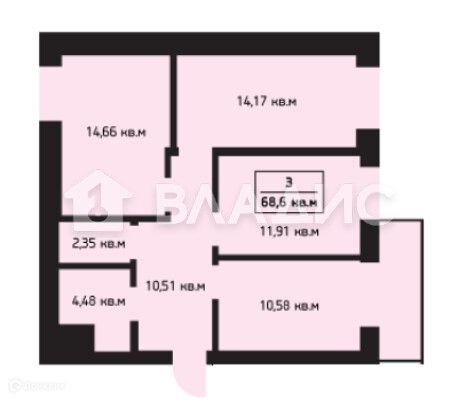 Продаётся 3-комнатная квартира, 69.6 м²