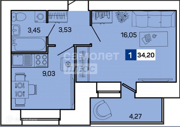 Продаётся 1-комнатная квартира, 34.6 м²