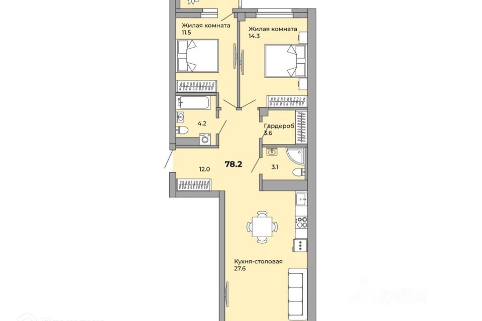 Продаётся 2-комнатная квартира, 78.7 м²