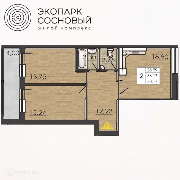 Продаётся 2-комнатная квартира, 66 м²
