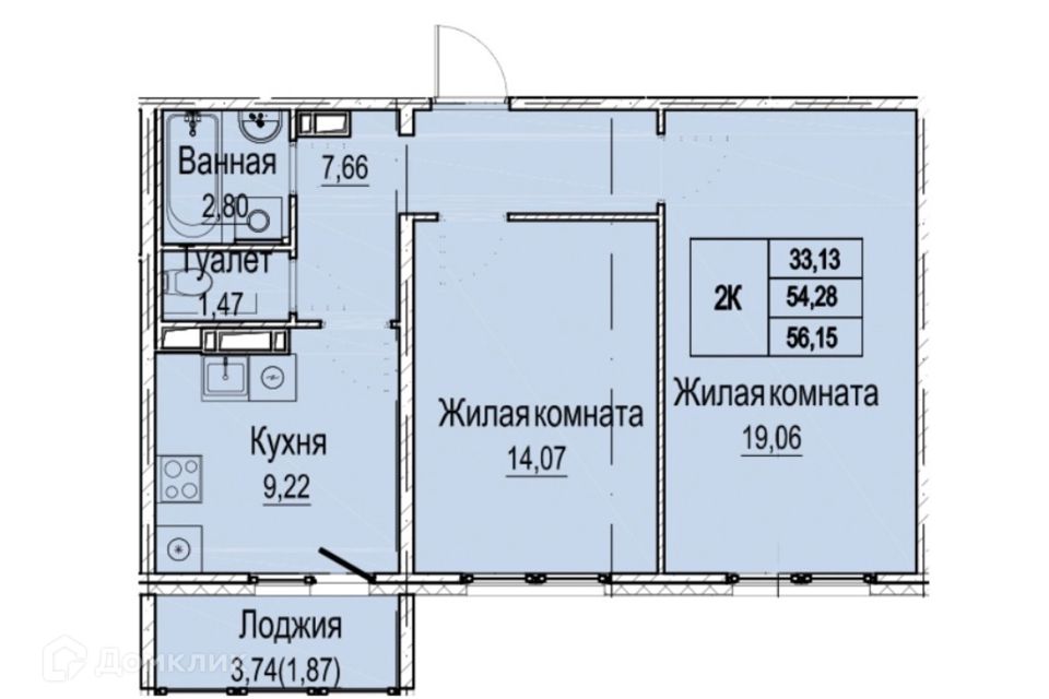 Продаётся 2-комнатная квартира, 56.15 м²