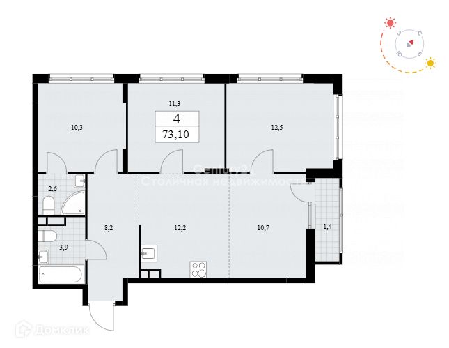 Продаётся 4-комнатная квартира, 73.1 м²