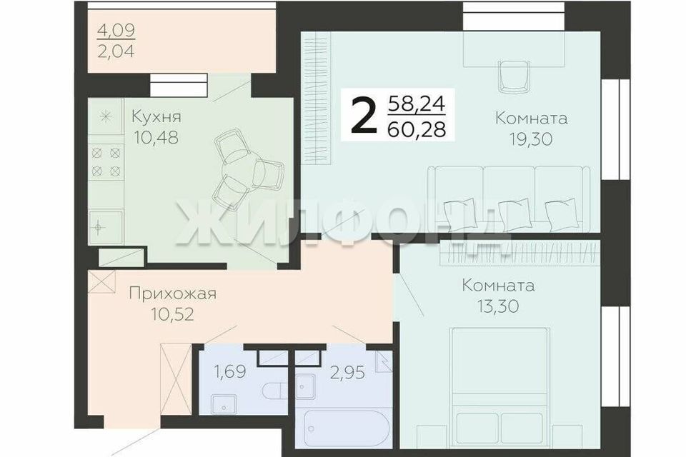 Продаётся 2-комнатная квартира, 60.28 м²