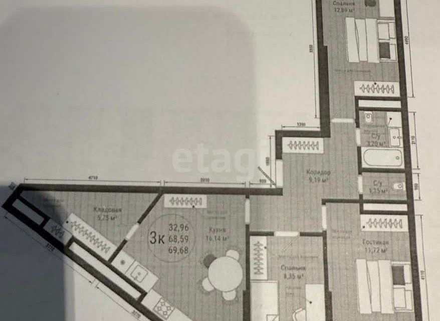 Продаётся 3-комнатная квартира, 72 м²