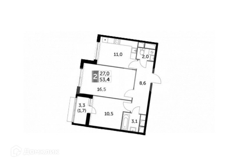 Продаётся 2-комнатная квартира, 53.4 м²