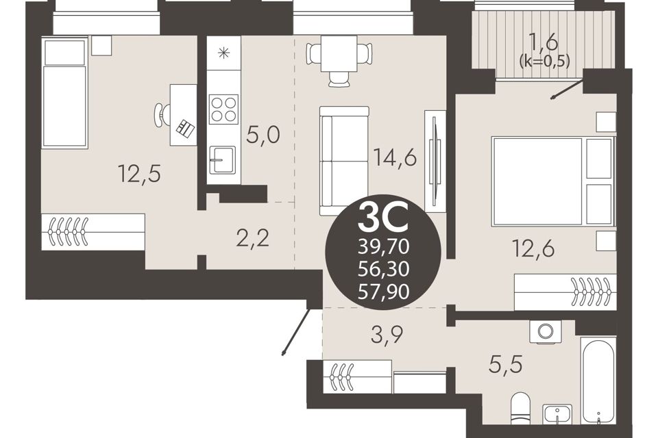Продаётся студия, 57.9 м²