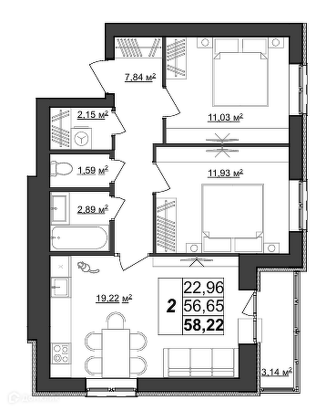 Продаётся 2-комнатная квартира, 58.22 м²