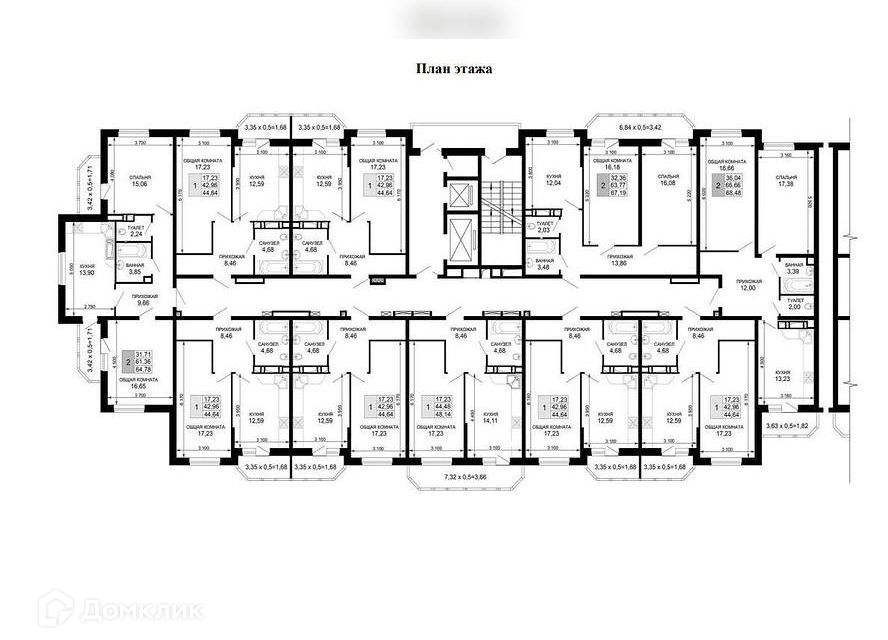 Продаётся 1-комнатная квартира, 44.64 м²