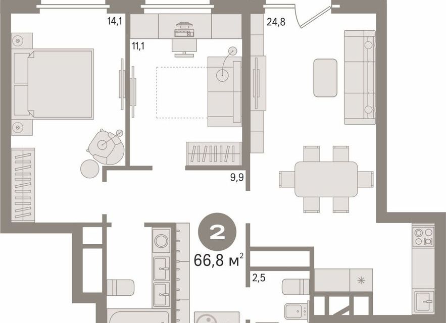 Продаётся 2-комнатная квартира, 66.8 м²