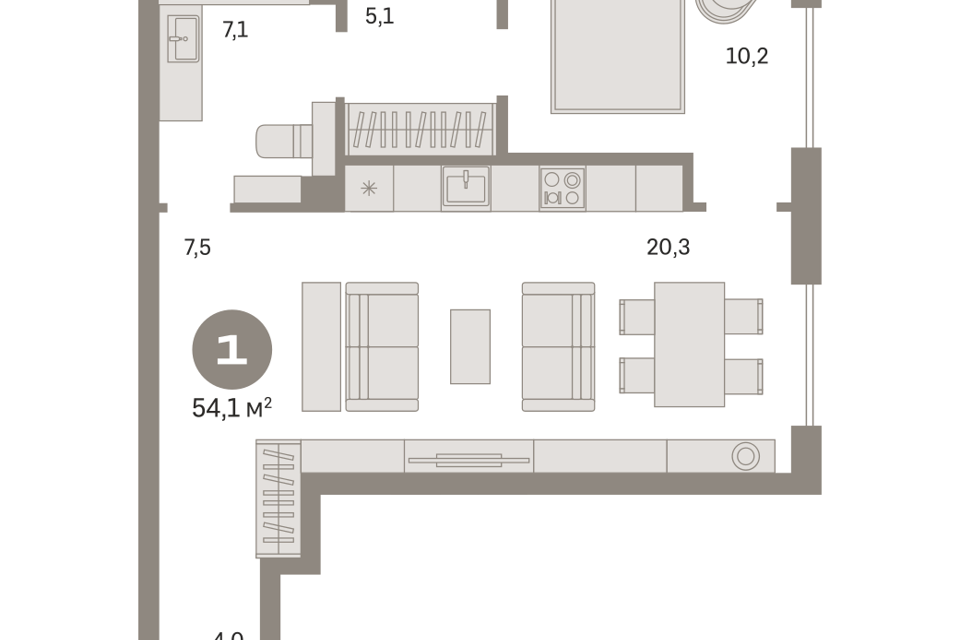 Продаётся 1-комнатная квартира, 53.9 м²