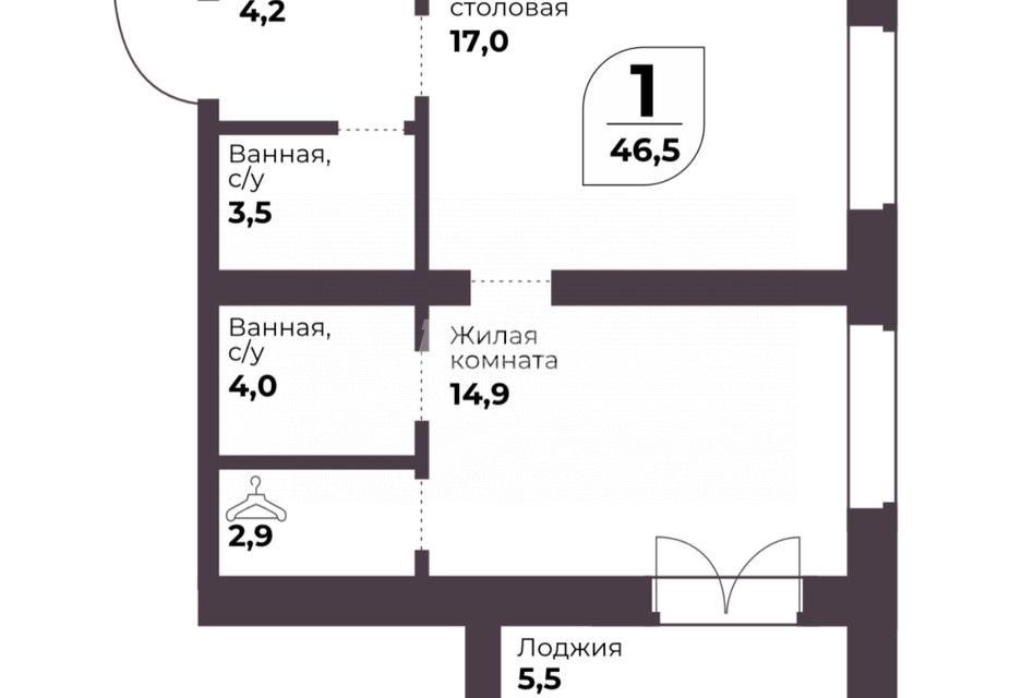 Продаётся 1-комнатная квартира, 46.5 м²
