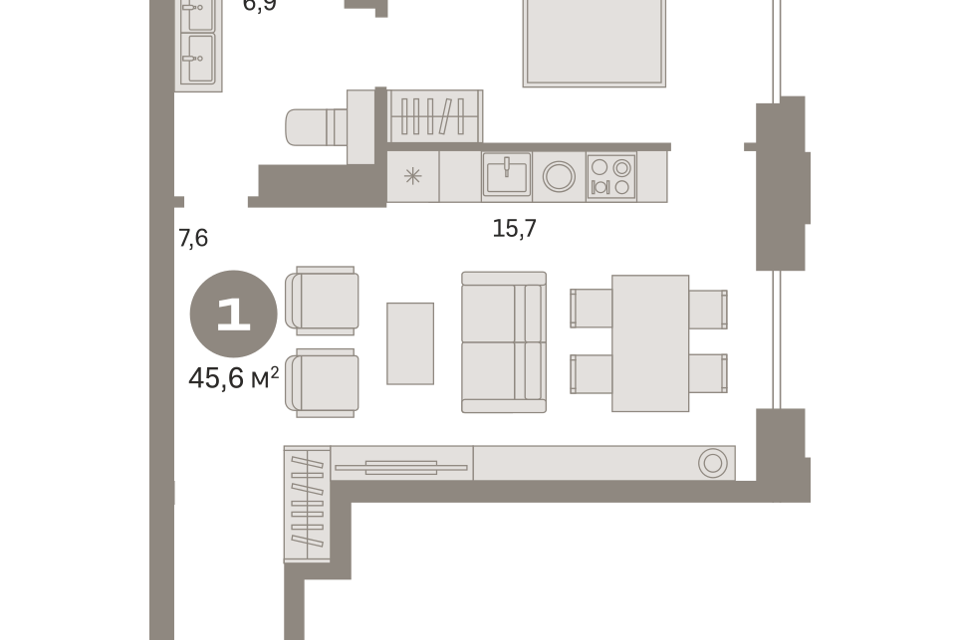 Продаётся 1-комнатная квартира, 45.67 м²