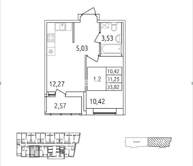Продаётся 1-комнатная квартира, 33.8 м²