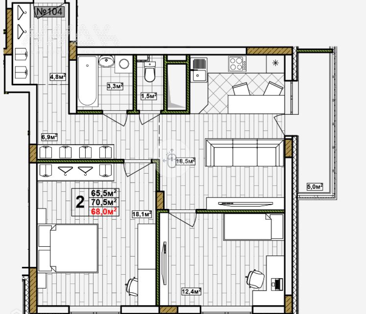 Продаётся 2-комнатная квартира, 70.5 м²