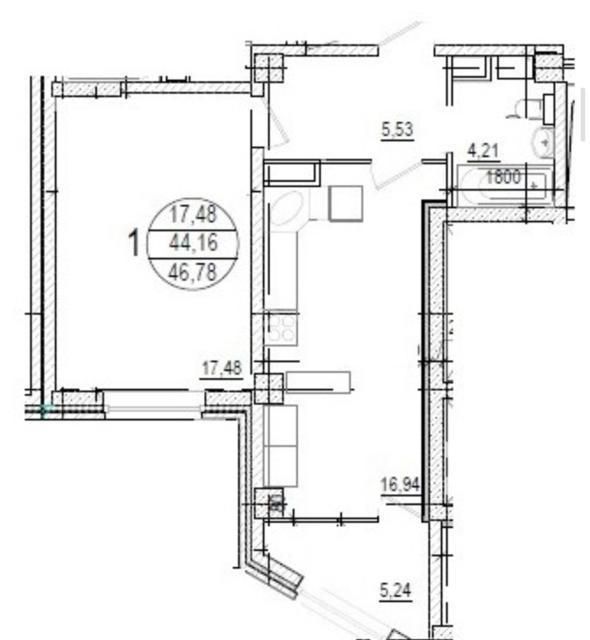 Продаётся 1-комнатная квартира, 46.78 м²