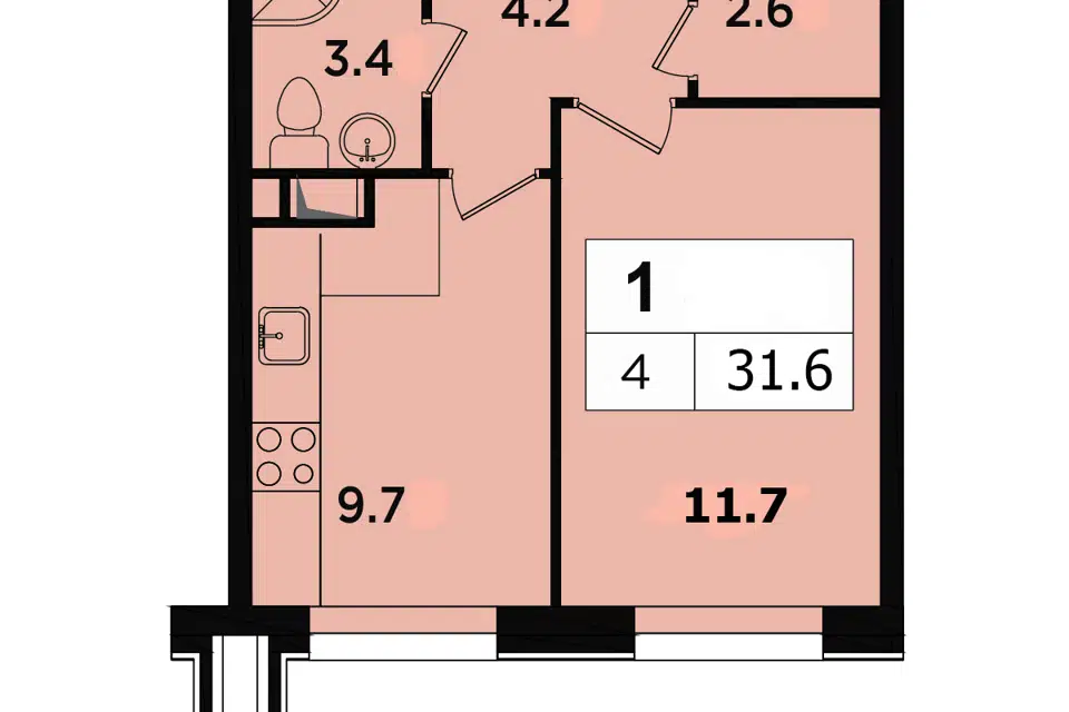 Продаётся 1-комнатная квартира, 31.6 м²